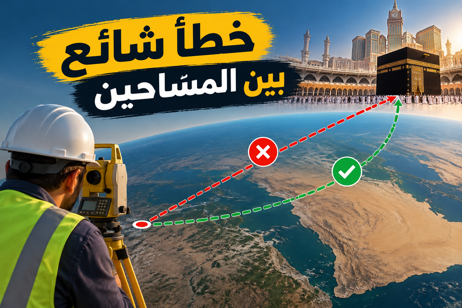 خطأ شائع بين المسّاحين: ليه الخط الواصل بالكعبة مش هو بالضرورة إتجاه القبلة؟
